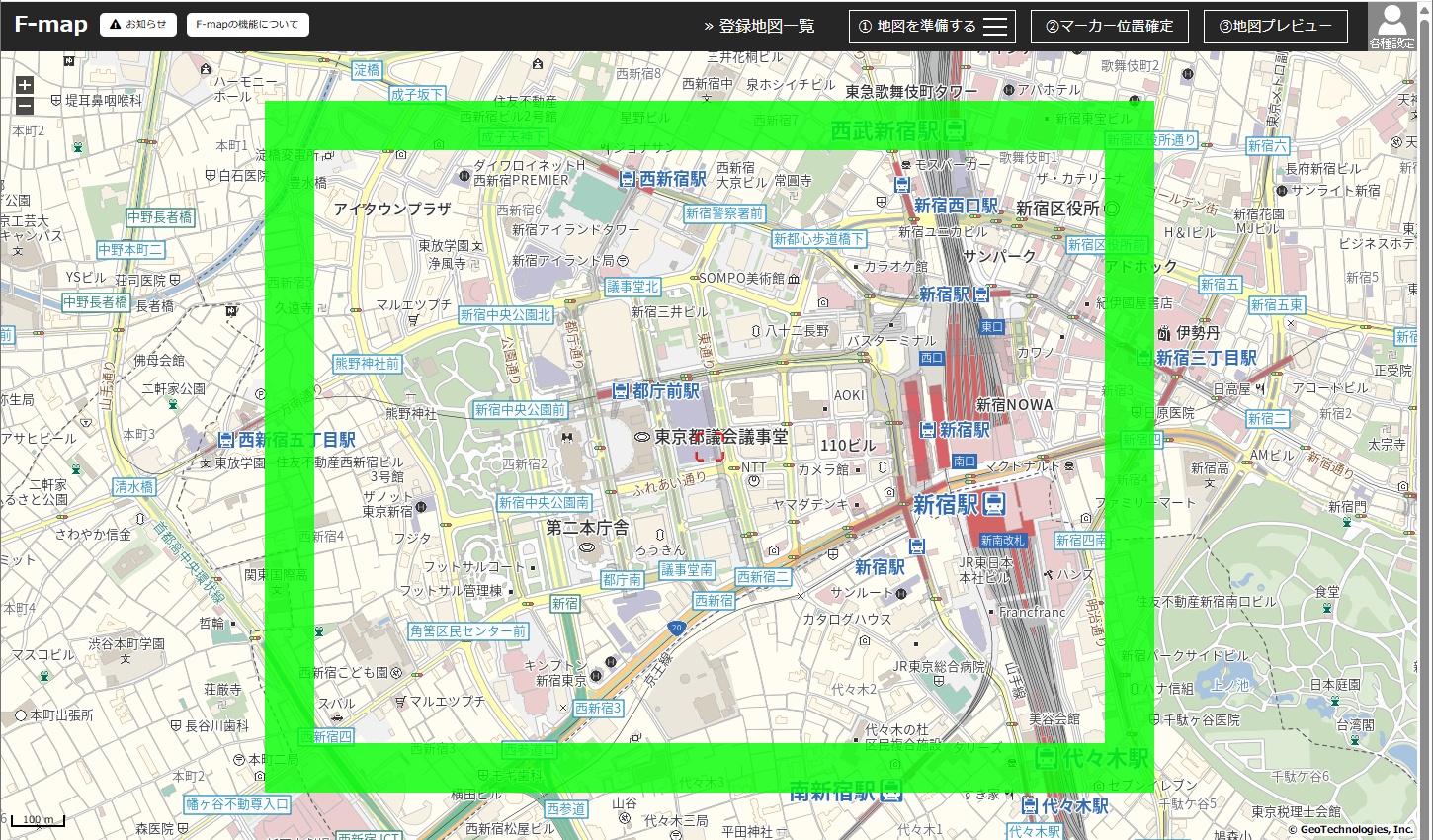 F-mapの地図作成画面。緑の枠で取得する範囲を指定している