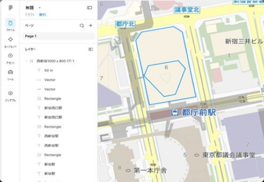 ダウンロードしたSVGをデザインツールで開いた画面。道路や駅名がレイヤーに分かれている